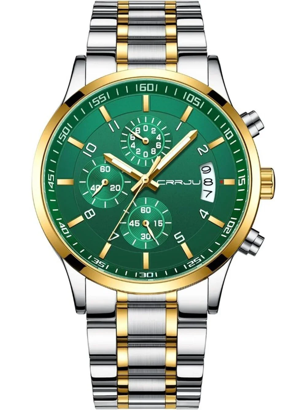 Men's Silver And Green Analog Stainless Steel Waterproof Chronograph Wrist Watch